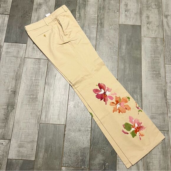 90s Y2K Dana Buchman Cream Pink Floral Painted Embroidered Flare Pant 4 Low Rise - Picture 3 of 15